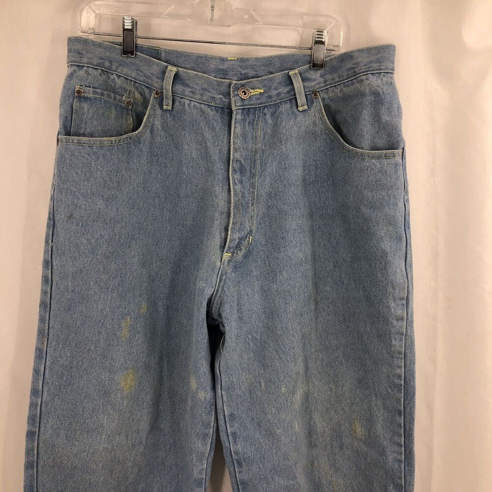 VINTAGE Cotler Heavy Denim Blue Jeans Factory Stained Yellow Stitching 36x30.5